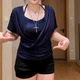 Fat Sister Pure Windy Neck V Neckline V Neck Collar Waist Top Woman Summer New Lace Hanging Neck Sling Folding Suit