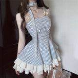 French Hanging Neck Bow Sling Dress Women's Summer 2026 New Slimy Lattice High Waist Fluffy Skirt
