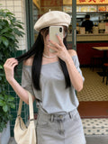 2026 Summer Loose Lazy Wind Word Shoulder Short-Sleeved T-Shirt New Korean Version Of Hot Girl Casual Lame Shoulder Coat