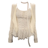 Fat MM Pure Lace Lace Hanging Neck Sling Female Autumn New Temperament Leaf Side Cardigan Two Sets Of Top