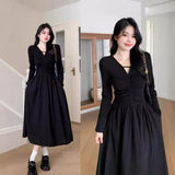 Large-Size Micro-Fat Mm Early Autumn New High-Waisted V-Neck Black Dress Female Korean Version Of Fashion Hepburn Style A Word Long Dress