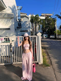Island Vacation Relaxing Sweet Spice Girl Pink Striped Set Women's Summer Suspension Loose Shirt Broad Leg Pants Three Sets