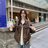 Vintage Bow Leather Coat Female Autumn New Hottie Casual Loose Pu Leather Jacket Temperament Top