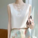 Silk Satin 2026 Spring And Summer Women's New V-Neck Mesh Splicing T-Shirt Solid Color Buffet Korean Version Of Sleeveless Vest