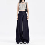 Denning High-Waisted Broad-Legged Jeans Women's Autumn And Winter 2025 Trend With New Dark Blue Loose Plus Velvet Trousers