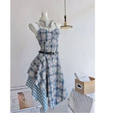 Blue Tie-Tling Sling Dress Women's Summer Design Feeling Waist Thin Splicing Irregular Skirt