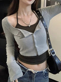Vintage Design Fake Two Long-Sleeved T-Shirts Girls Early Autumn Hottie Short Hanging Neck Top Bottom Shirt