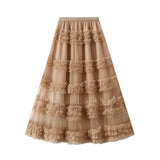 High-End Heavy Industry Lace Cake Skirt Long Skirt Sweet Wind High Waist Wood Ear Net Yarn Skirt 1276