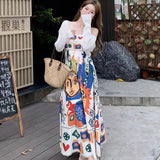 Vintage National Wind Sling Dress Women Spring Seaside Holiday Graffiti Print Sleeveless Vest Skirt Lazy Dress Skirt