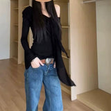 Fat Sister Hottie Wind Lotus Leaf Side Shoulder Long-Sleeved T-Shirt Girl Spring New Design Feel Shoulder Pure Desire Top