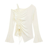 Leaning Long-Sleeved T-Shirt Girls Spring And Autumn Irregular Slimming Shirt Chic Sweet Spicy Top Design Sense Niche