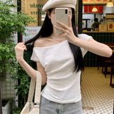 Design Sense Korean Version Of The Oblique Shoulder Collarbone Short-Sleeved T-Shirt For Women's New Summer French Texture Folded Short Top