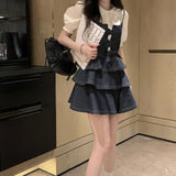 French Princess Pamper Little Sweet Cool Wind Denim Sling Dress Doll-Collared Shirt Two Sets