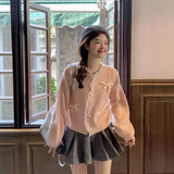 Sweet Pink Lace Spliced Sweater Cardigan Girl Autumn New Bow Loose Short Knitting Top