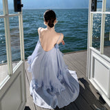Yunnan Dali Seaside Resort Sling Dress Women's Blue Heavy Industry Three-Dimensional Flowers Lotus Leaf Side Beautiful Long Skirt