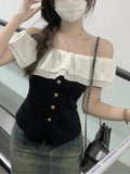 Design Sense Of A Small Sense Of Chic Waist Blouse Summer New Women's Style French Lotus Side Shoulder Short-Sleeved T-Shirt