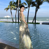 French Beauty Slings With A Dress Summer Fairy Mesh Print Temperament Lanky Seaside Holiday Dress