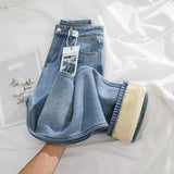 Plus Velvet Thick Straight Jeans Women Small Autumn And Winter Trend New Light-Colored High-Waist Loose Narrow Version Of Broad-Legged Trousers