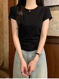 Summer 2025 Shoulder T-Shirt Women To Folded Short Sleeves Irregular Sweet Spicy Thin Little Man Round Collar Short Top