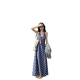 Blue Lattice Hanging Neck Dress Women's Summer 2025 New Back Long Retro Seaside Vacation Sling Skirt