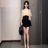 2026 Summer New Pearl Hanging Shoulder Temperament Bright Silk Chiffid Dress Women Waist Short Skirt Two Sets