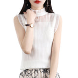 Fine-Woven Wool 2026 Spring And Summer Women's New Short Repair Body Half-High Collar Wood Ear Lace With Knitted Sleeveless Vest