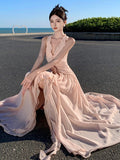 High-End Feeling Sleeveless V-Neck Hanging Neck Dress Gentle Temperament Wood Ear Side By-Back Seaside Beach Dress Super Fairy