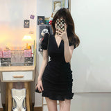 Black V-Neck Bubble-Sleeved Dress Women's Summer Niche Design With Fishtail Dress Korean Style