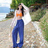 High-Rise Broad Leg Trousers Women's Seaside Vacation Sexy Bumpy Wear Lazy Trousers Blue Striped Pants