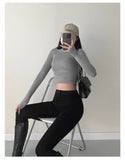 Pure Hot Girl Half-High Collar Shoulder Long-Sleeved T-Shirt Autumn And Winter New Side-Waist Folded Elastic Repair Shirt Short