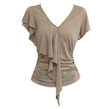 Fat MM Design Sense V-Neck Short-Sleeved T-Shirt Women's Summer New Asymmetric Lotus Leaf Edge Slim Slimming Temperament Blouse