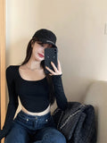 Small Tight Long-Sleeved Design Feel Bottom-Up Shirt Open Pavelette Wearing Hot Girl Short Top Girl Spring And Autumn Kaqi Color T-Shirt