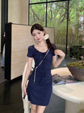 French Temperament Tibetan Blue With Short-Sleeved Dress Women's New Summer Waist Thin A-Dress Skirt Ins Tide