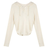 Pure-Style White Hooded Long-Sleeved T-Shirt Girl Spring Slimming Inside The Shirt Irregular Blouse In Tide
