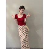 2026 Summer New Retro Port Storm Red Short-Sleeved Top With Casual Slimming Skirt Two-Piece Set