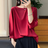 Silk Satin 2026 Spring And Summer Women's New Round Collar Loose Temperament T-Shirt Seven-Sleeve Solid Color Simple Match Cloth