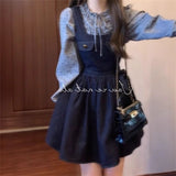 Early Spring Wear A Set Of Loose Retro Bows Denim With Dress Wave Lace Shirt Tide