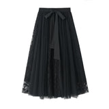 2025 Spring Dress New Bow Tie With High-Waisted Lace Embroidery Splicing Mesh Dress Skirt 8825