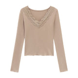 V-Neck Lace Splicing Long-Sleeved T-Shirted Women's Autumn And Winter Hot Girls Pure Desire To Put On The Black Sexy