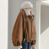2025 New Two Sides Wearing A Curry Imitation Leather Jacket Women Winter Red Lamb Wool Top Student Women's Clothing