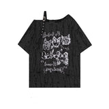 Vintage Cat Graffiti Hole Hole Short-Sleeved T-Shirt For Girls Summer Languided Casual Casual And Cuncied Shoulder Coat