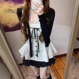 Sweet Sister College Style Black Long-Sleeved Knitted Shirt Coat + Bow Sling Suit + Wave Point Skirt Three-Piece Set