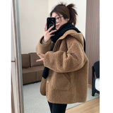 Camel Color Small Fragrant Lamb Wool Coat Woman 2025 Autumn Feeling Plus Thick Fur Hooded Cotton Suit