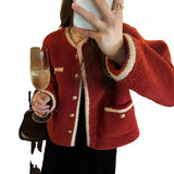 Red Small Fragrant Lamb Plush Coat Female Design Sense Niche Tops 2025 Autumn And Winter New Plush Thicken