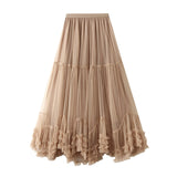 Oversized Swing Design Fashion Mesh Dress Sweet Wooden Ear Lace A Word Big Swing Ponum Skirt 8023