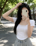 Short-Sleeved Women's Summer 2026 New Thin Slim Short Square Collar Blouse Hot Girl T-Shirt