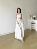 French White Sleeveless Slanted Shoulder Dress Women's Summer Design Long Dress Holiday Dress