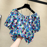 New Fashion Broken Flower Word Collar Short-Sleeved T-Shirt Top Women's Summer Niche Loose Shirt On The Original Work