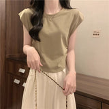 Positive Shoulder Short-Sleeved T-Shirt Women's Summer 2025 New Hong Kong Flavor Ins Style Slimming Small Flying Sleeve Short Top