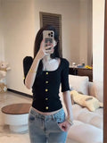 Spice Girl Collar Gold Button Clasp Five-Sleeved T-Shirt Girl Summer New Temperament Slimming Design Top